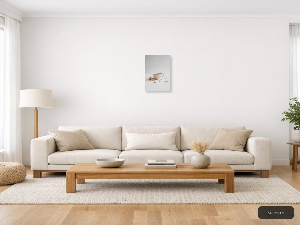 Minimalist Teacup and Rose Petals Wall Art — A4 / Living Room