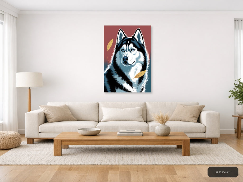 Black and White Husky Portrait with Gold Leaves Wall Art — A1 / Living Room