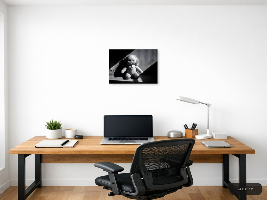 Haunting Doll Portrait Black and White Photography Wall Art — A4 / Office