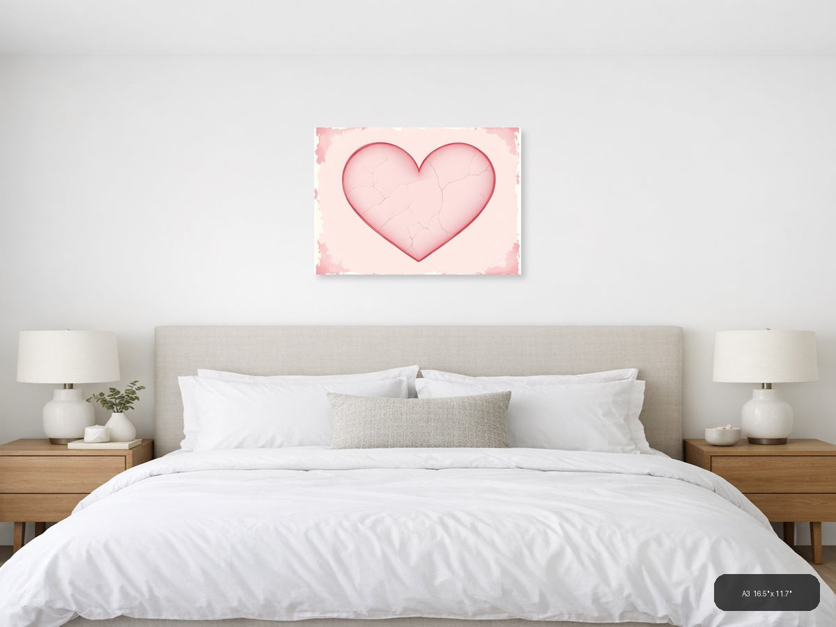 Vintage Pink Cracked Heart Love Wall Art — A3 / Bedroom