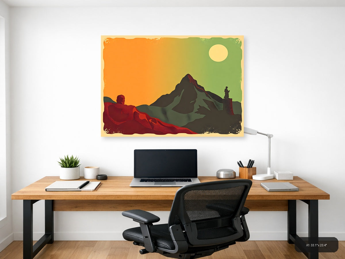 Vintage Mountain Landscape with Hikers - Retro Wall Art — A1 / Office