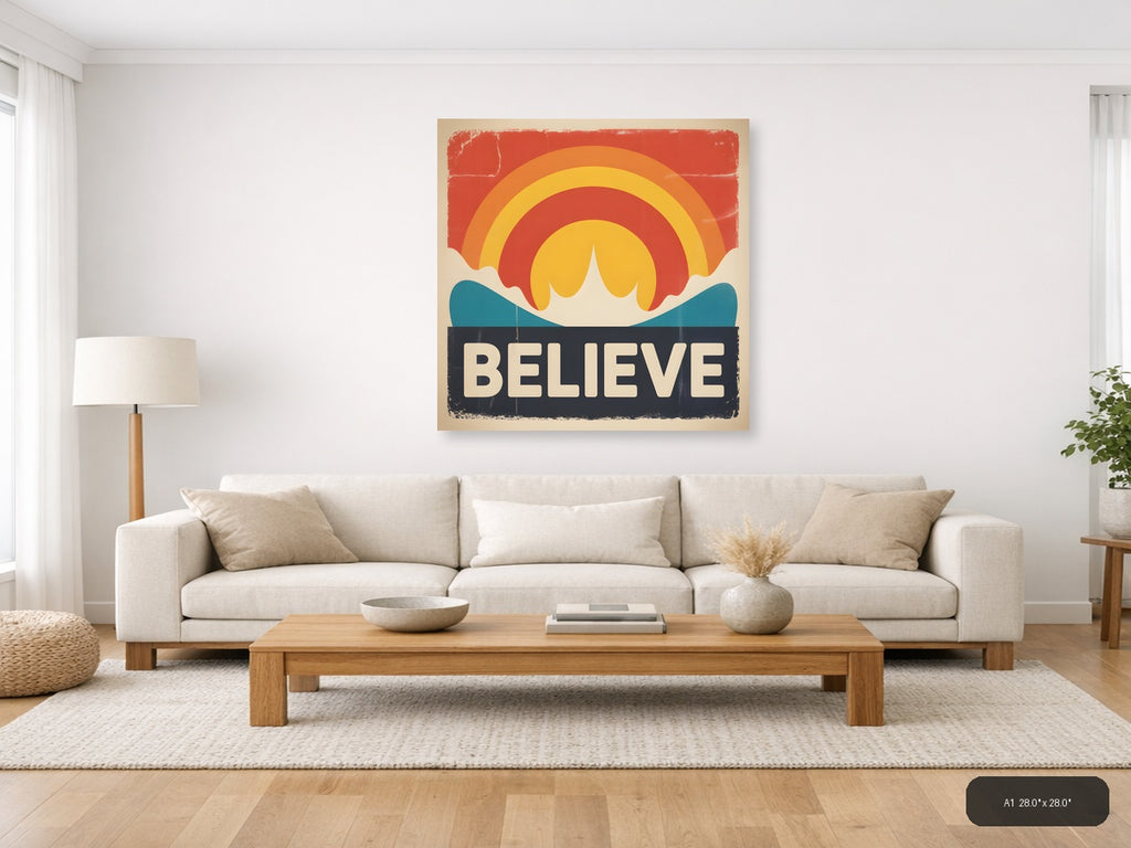 Vintage Sunset Ocean Believe Retro Wall Art — A1 / Living Room