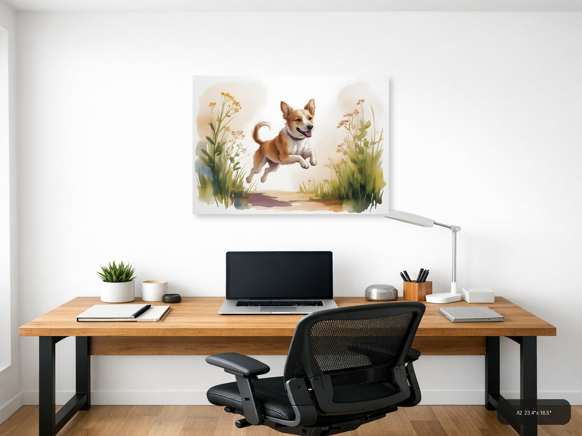 Happy Dog Jumping in Wildflowers Watercolor Wall Art — A2 / Office