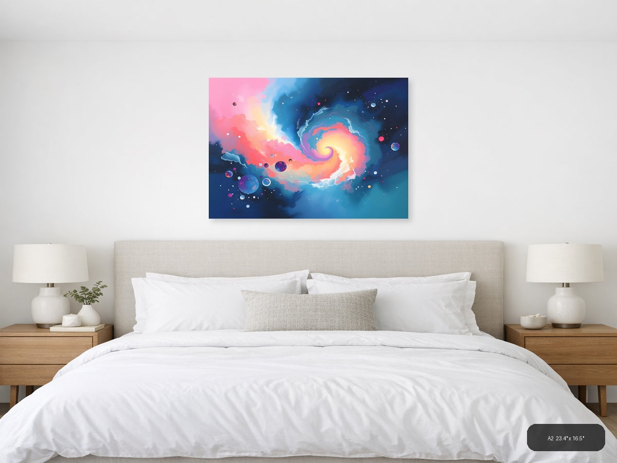 Cosmic Spiral Galaxy Abstract Pink Blue Wall Art — A2 / Bedroom
