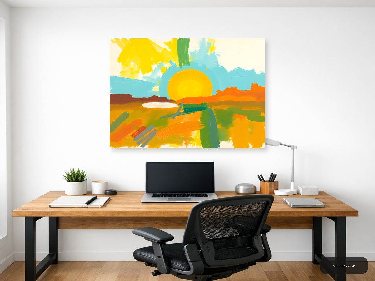 Abstract Sunset Landscape with Yellow Sun Wall Art — A1 / Office