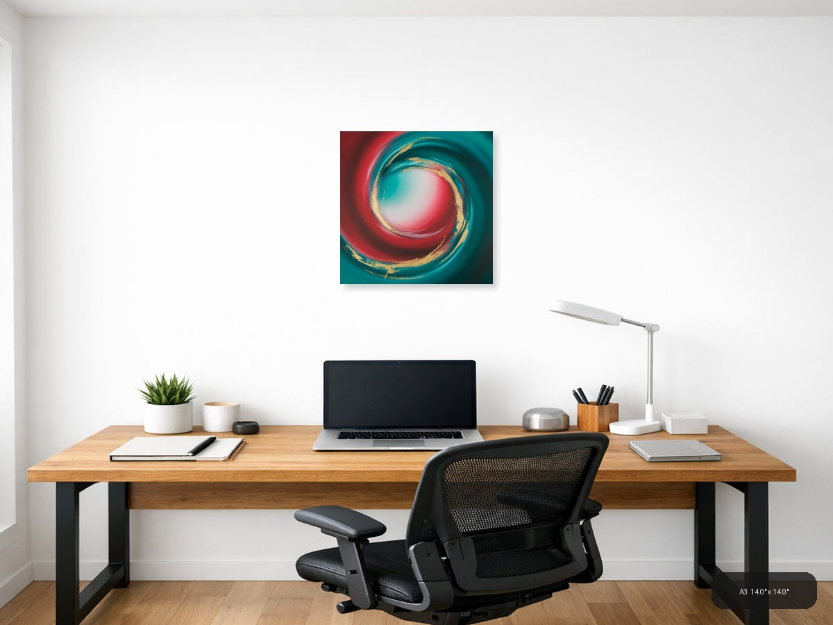 Teal Red Gold Spiral Abstract Modern Wall Art — A3 / Office