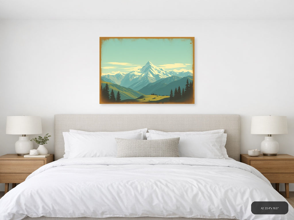 Snow-Capped Mountain Peak Vintage Landscape Wall Art — A2 / Bedroom