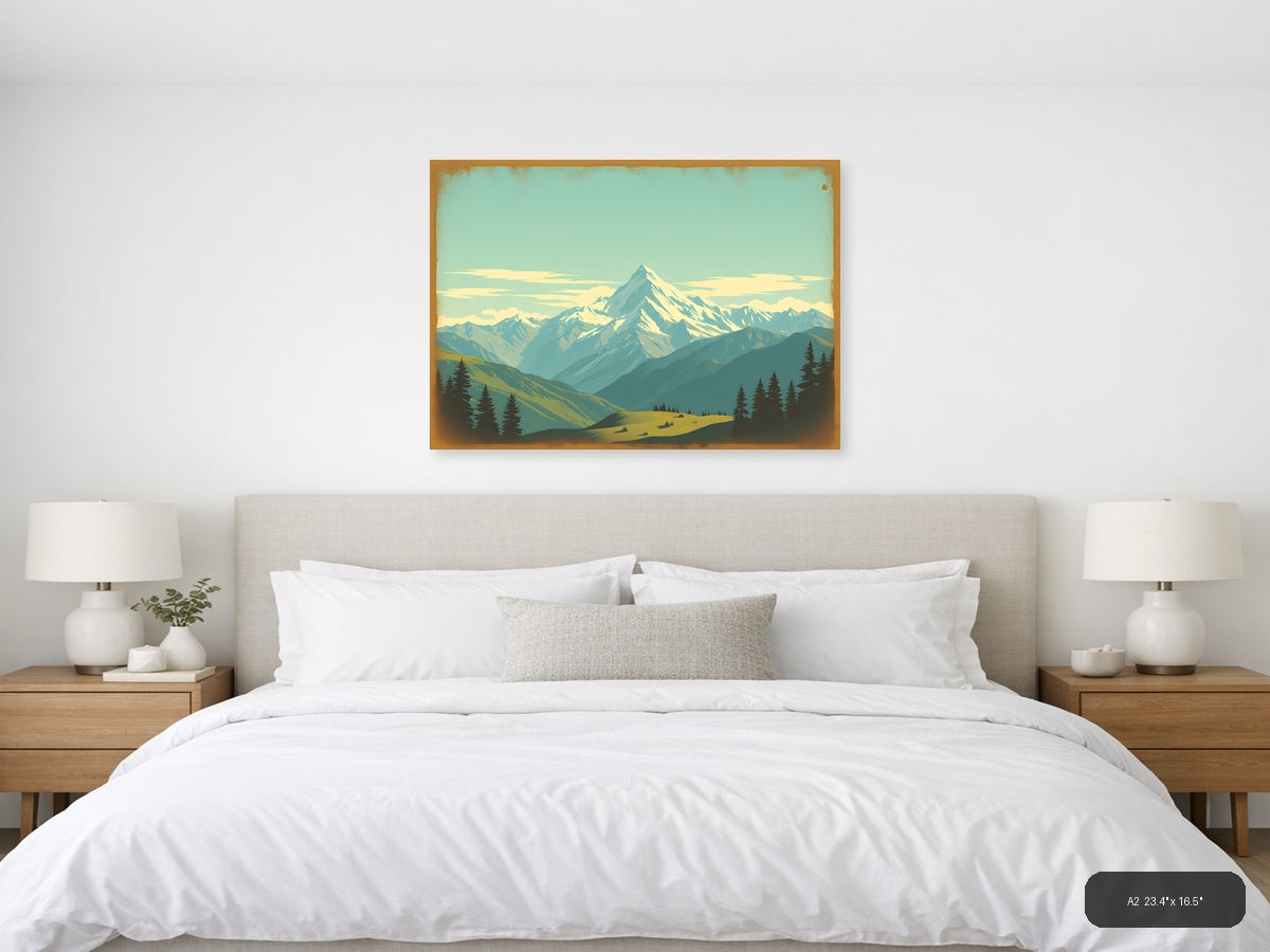 Snow-Capped Mountain Peak Vintage Landscape Wall Art — A2 / Bedroom
