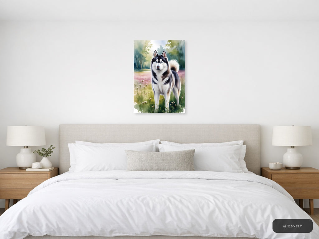 Husky Dog in Wildflower Meadow Watercolor Wall Art — A2 / Bedroom