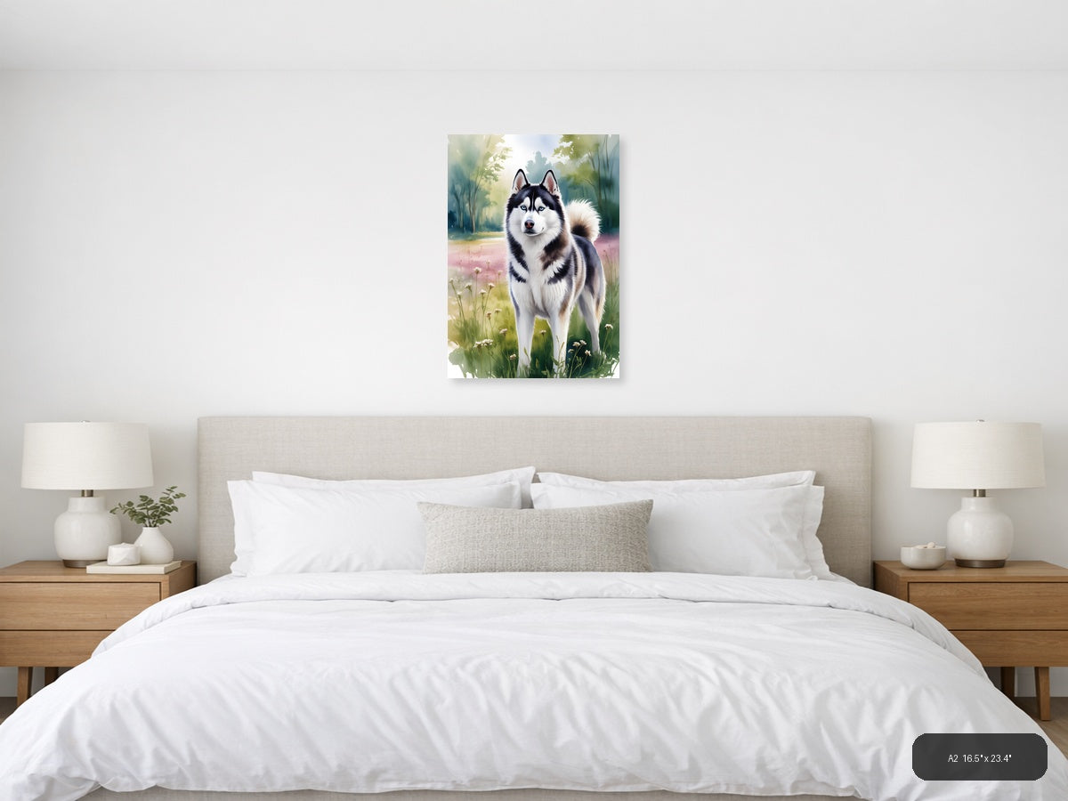 Husky Dog in Wildflower Meadow Watercolor Wall Art — A2 / Bedroom