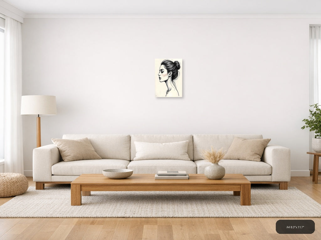 Profile Portrait Line Art Woman with Bun Hairstyle Wall Art — A4 / Living Room