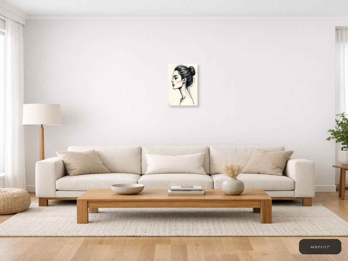 Profile Portrait Line Art Woman with Bun Hairstyle Wall Art — A4 / Living Room