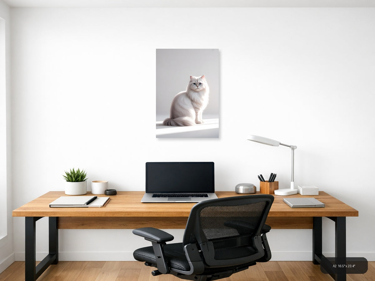 White Fluffy Cat with Blue Eyes Minimalist Wall Art — A2 / Office