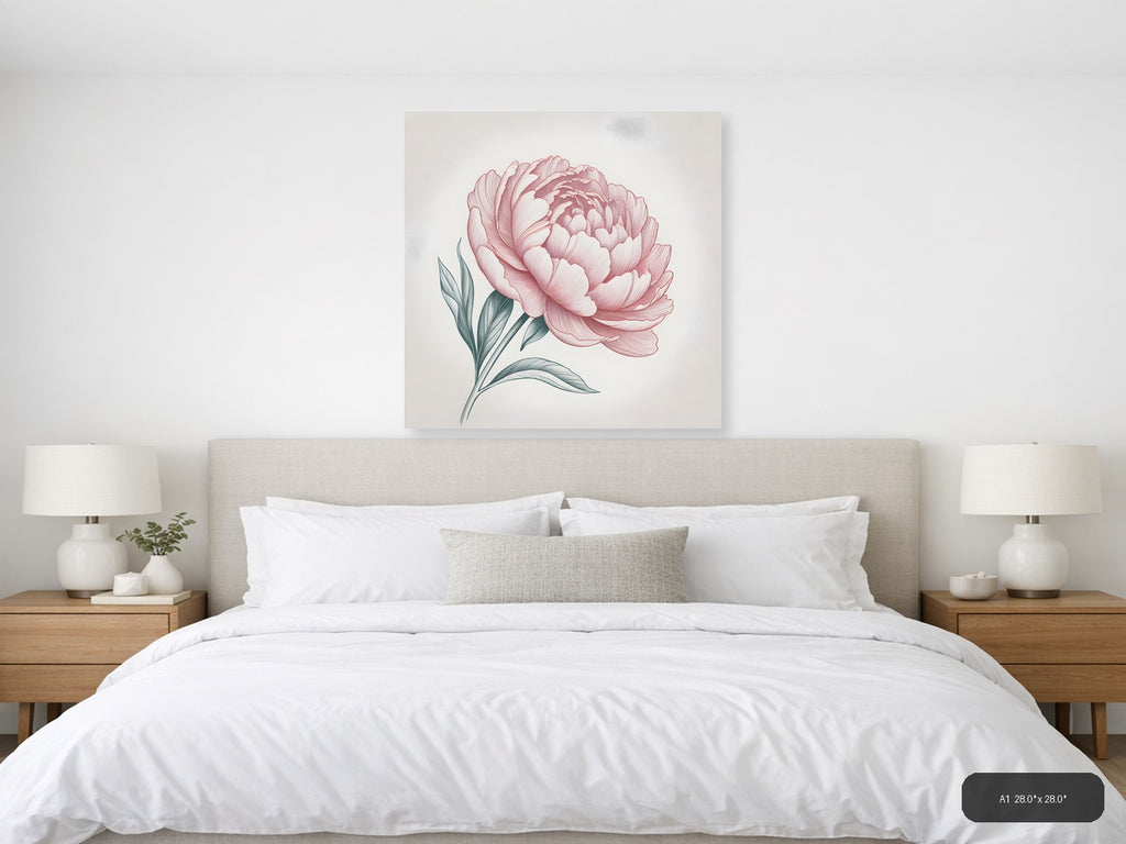 Pink Peony Line Art Botanical Drawing Wall Art — A1 / Bedroom