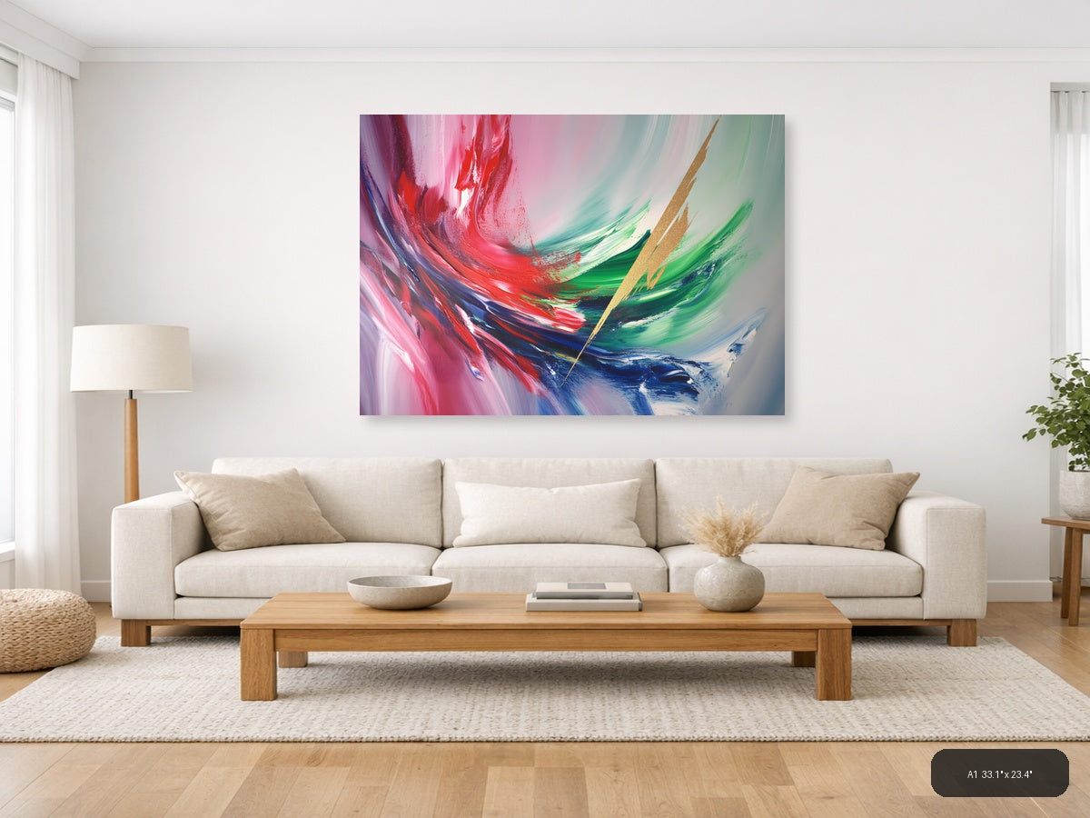 Abstract Fluid Motion Pink Red Green Blue Wall Art — A1 / Living Room