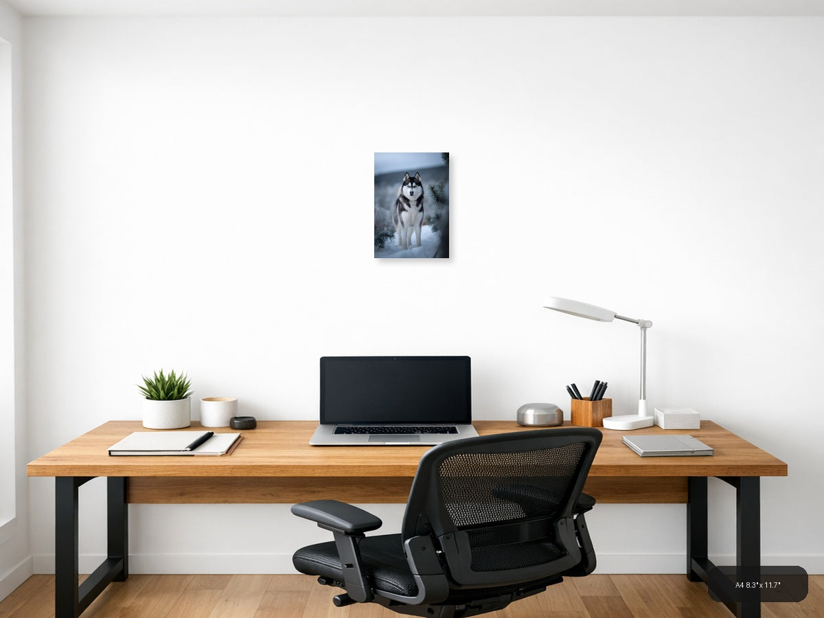 Husky with Blue Eyes in Snowy Winter Forest Photography Wall Art — A4 / Office