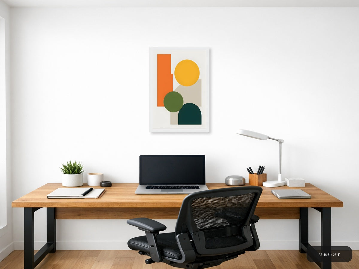 Minimalist Geometric Shapes in Orange, Yellow & Teal Wall Art — A2 / Office