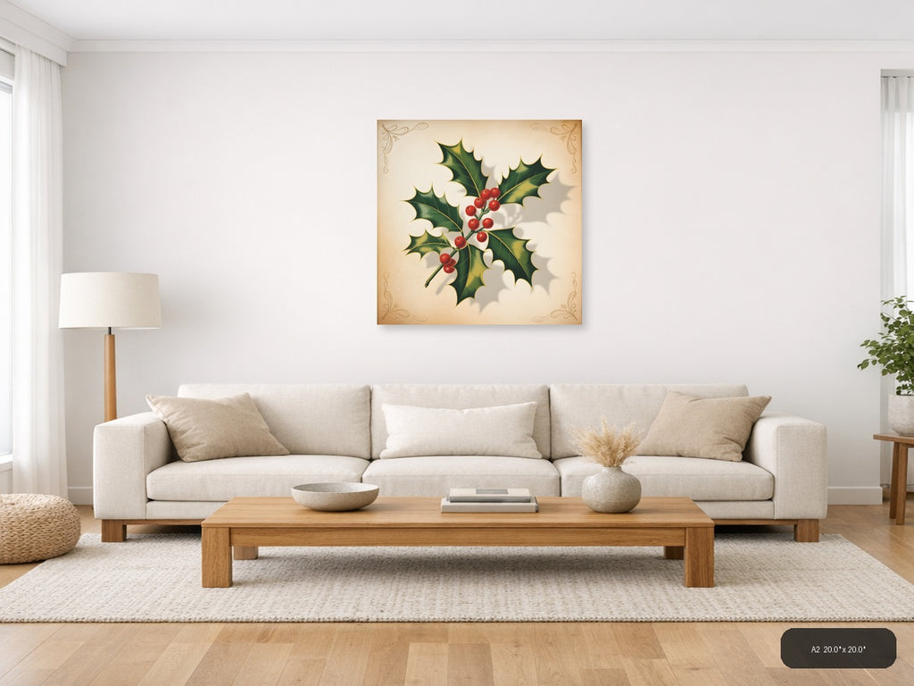 Holly Berries & Leaves Vintage Christmas Wall Art — A2 / Living Room