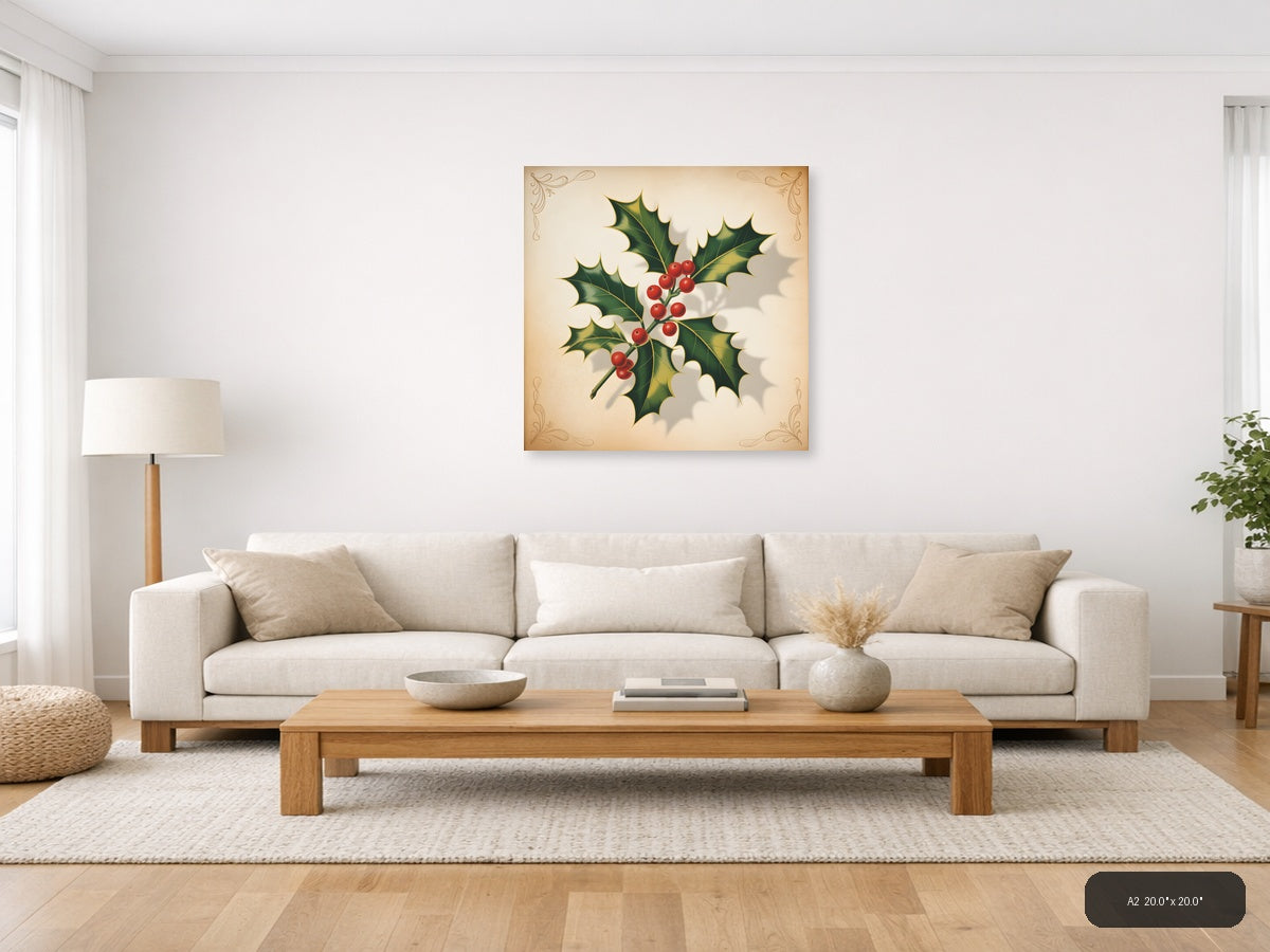 Holly Berries & Leaves Vintage Christmas Wall Art — A2 / Living Room