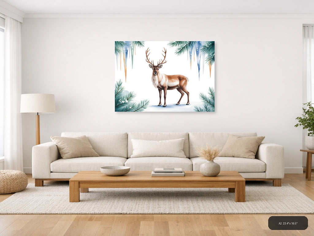 Winter Reindeer with Pine Branches Watercolor Wall Art — A2 / Living Room