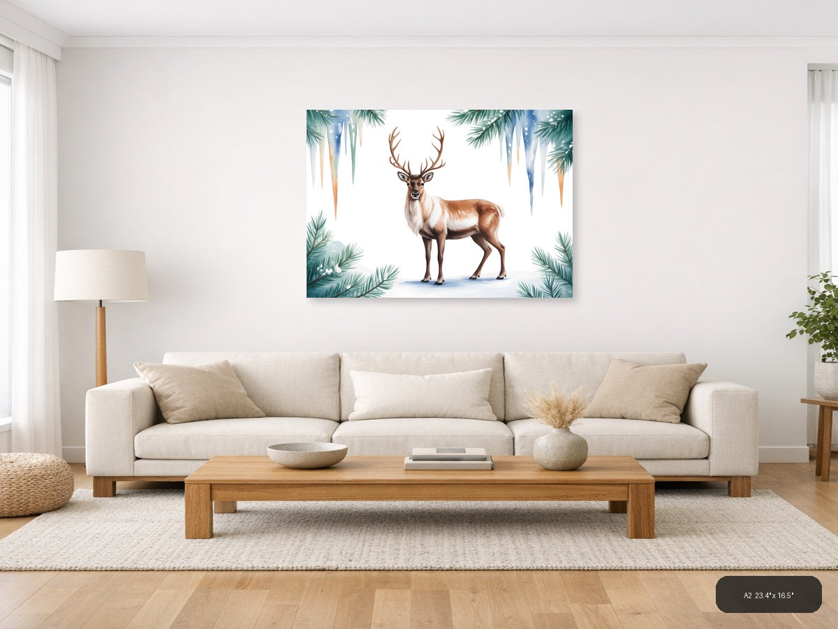 Winter Reindeer with Pine Branches Watercolor Wall Art — A2 / Living Room