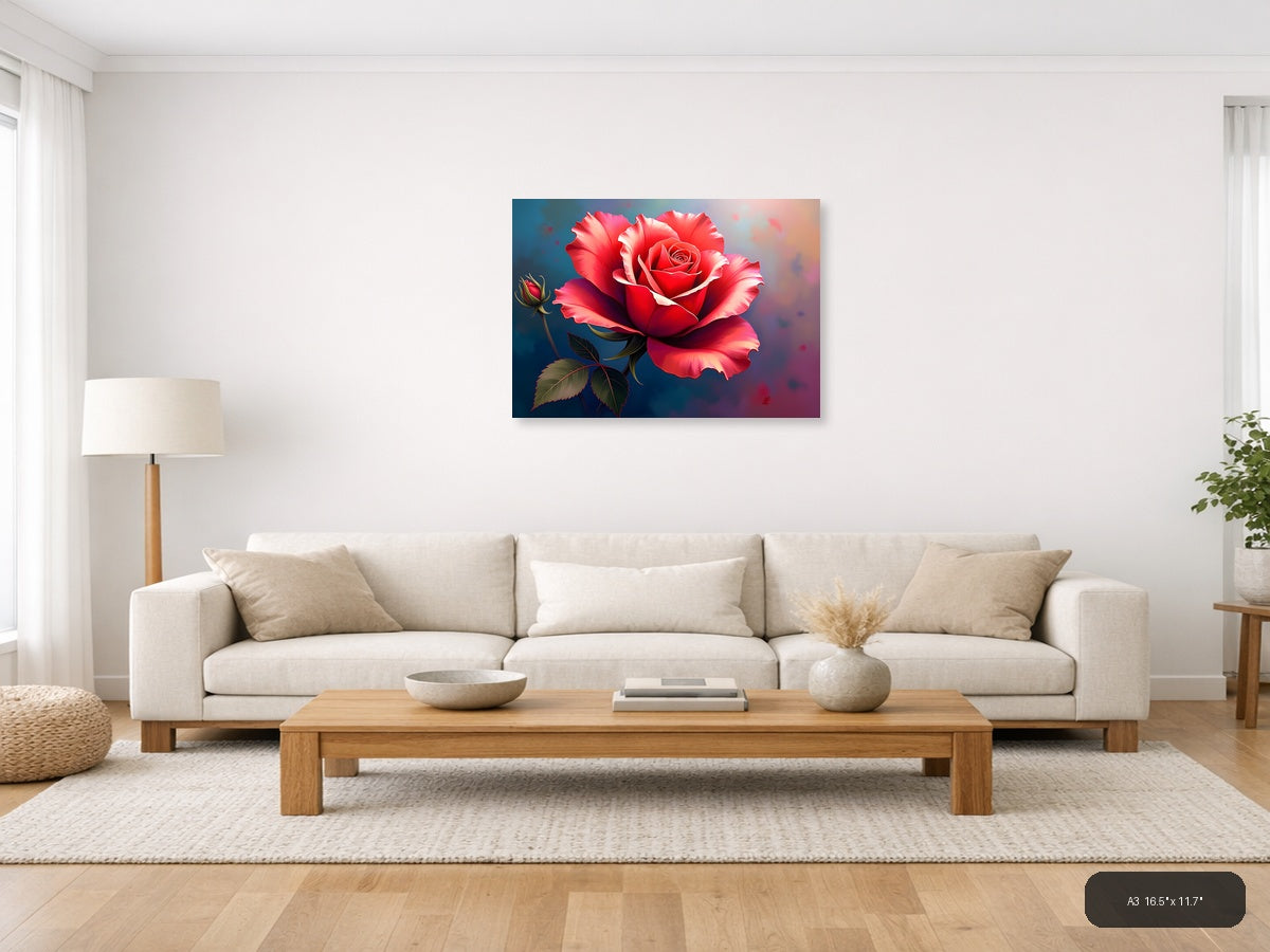 Red Rose with Bud Abstract Digital Wall Art — A3 / Living Room