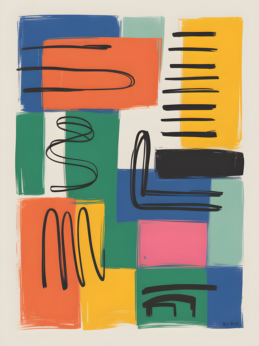 Colorful Abstract Geometric Blocks Black Lines Wall Art