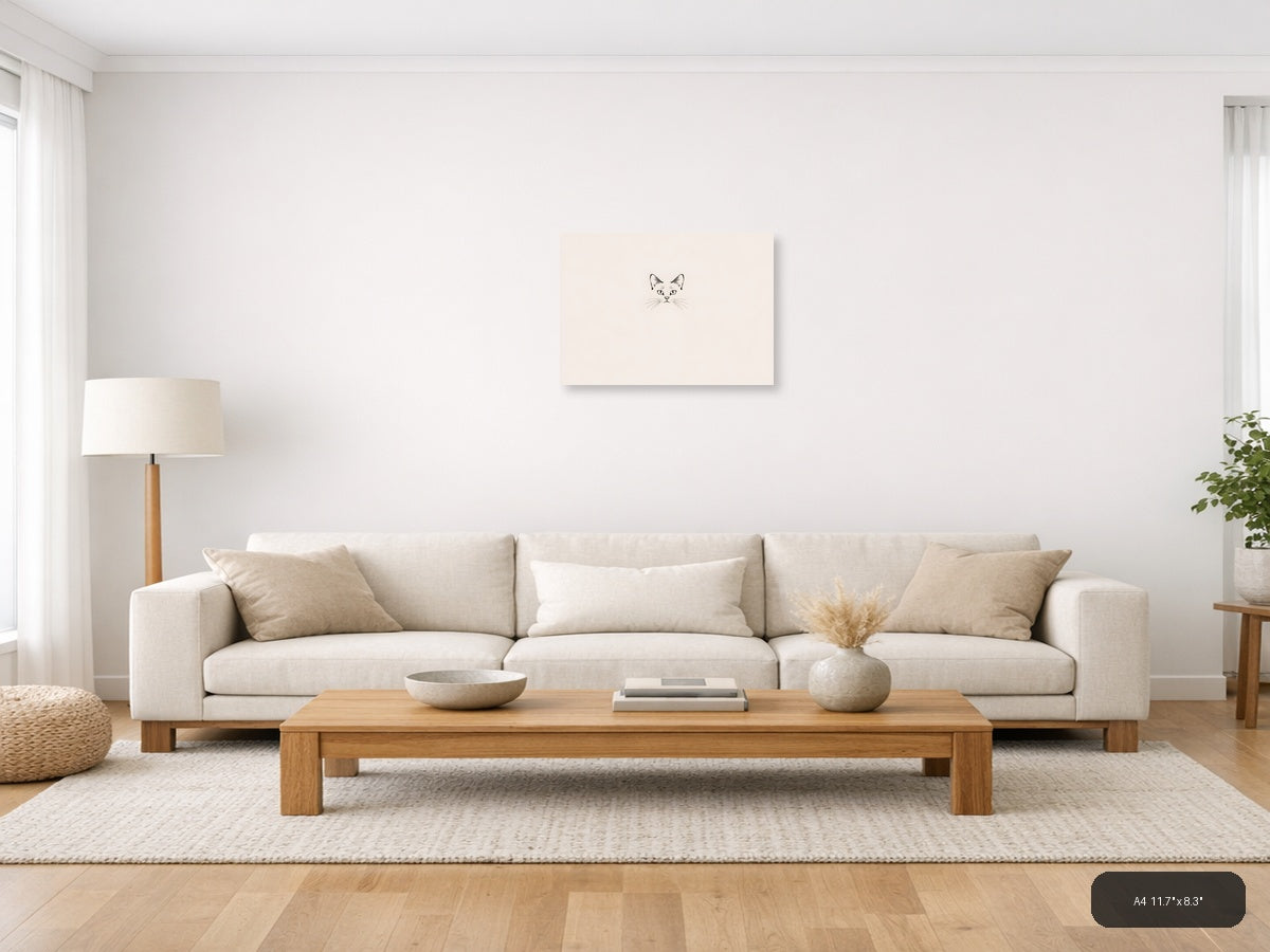 Minimalist Cat Face Line Drawing Wall Art — A4 / Living Room