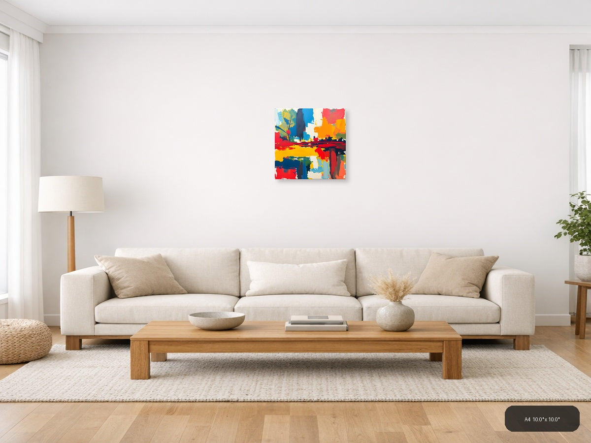Vibrant Abstract Landscape with Blue Tower Wall Art — A4 / Living Room