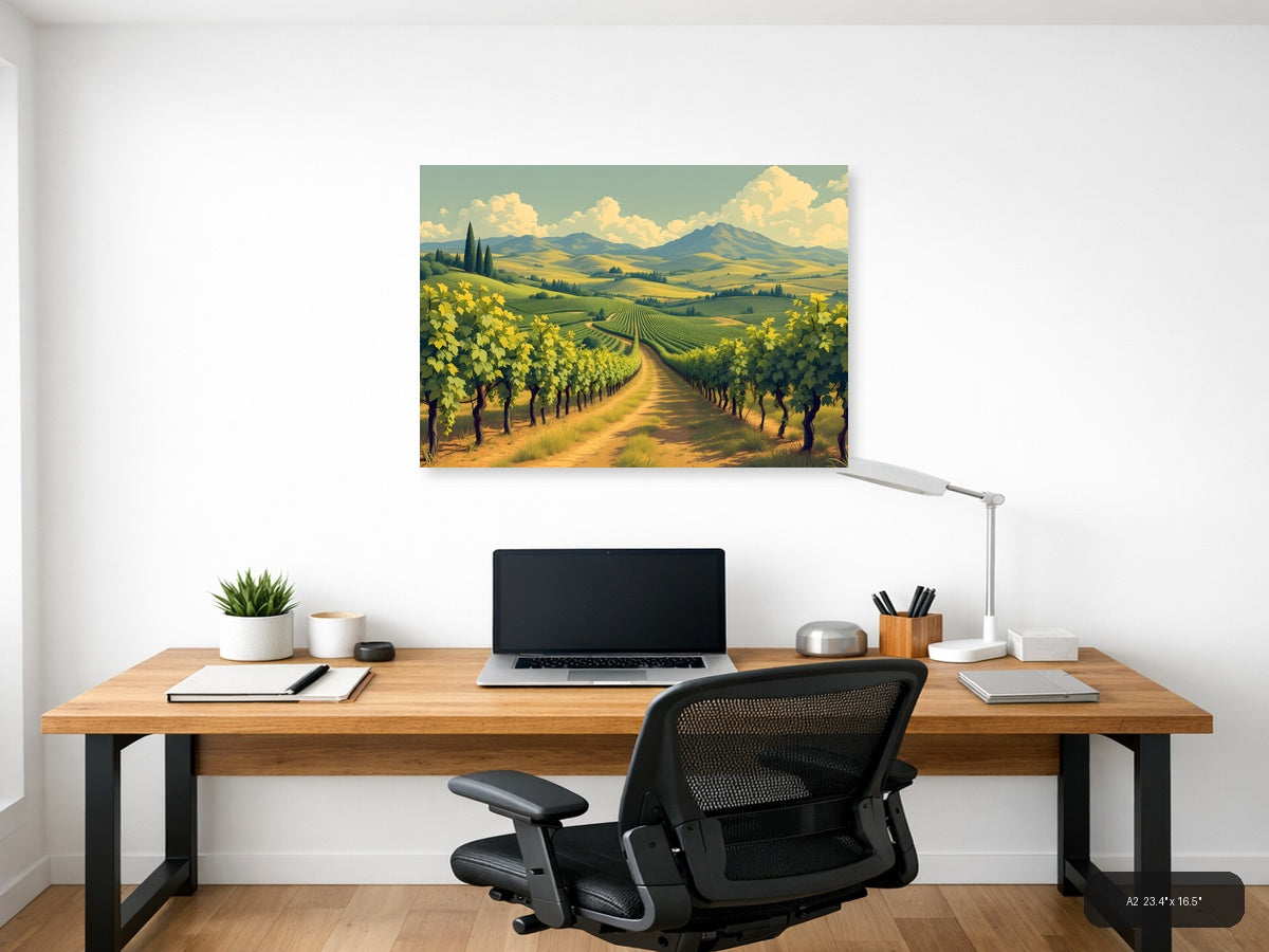 Vintage Tuscan Vineyard Landscape with Mountains Wall Art — A2 / Office