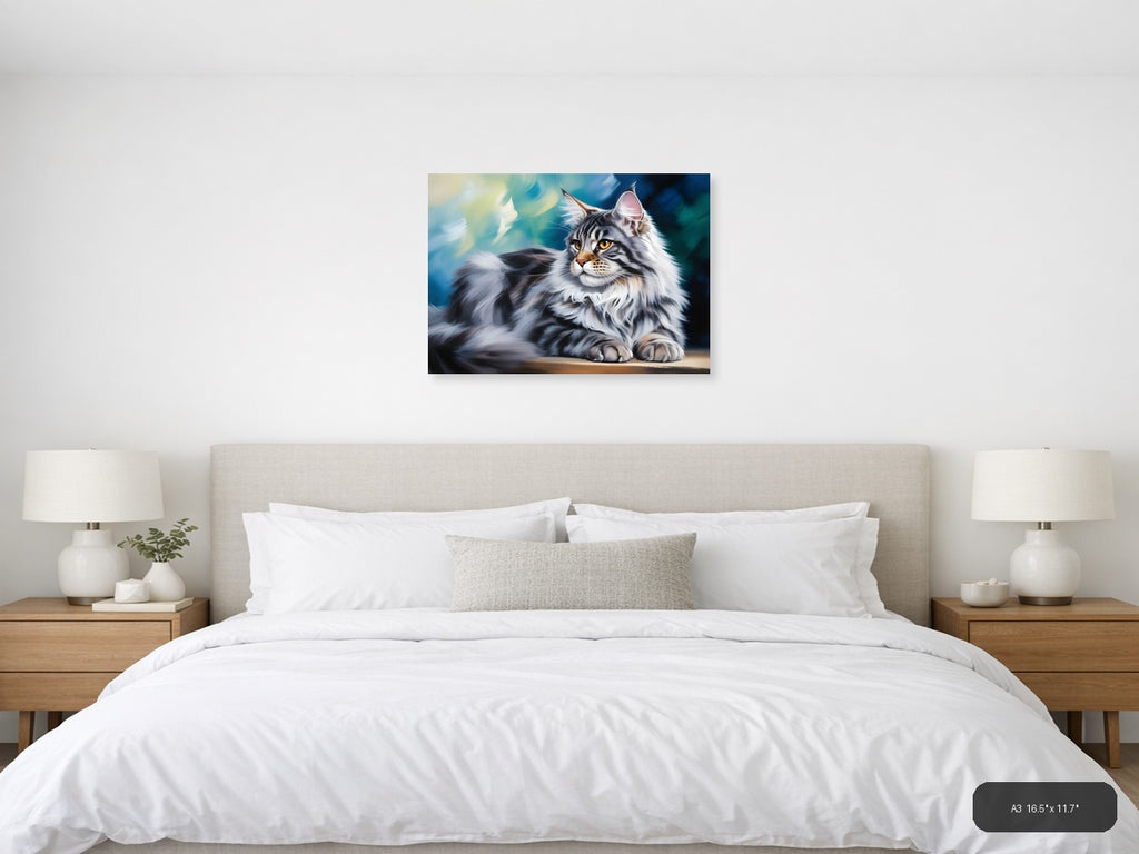 Majestic Tabby Cat with Golden Eyes Abstract Wall Art — A3 / Bedroom