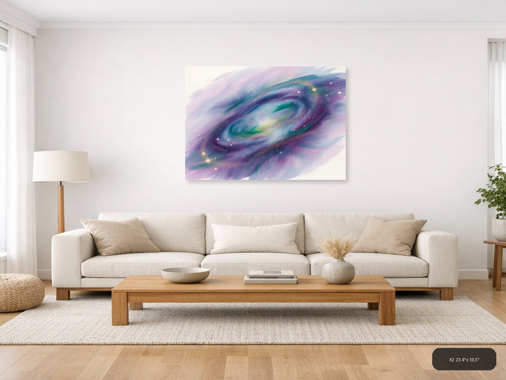 Cosmic Galaxy Watercolor Swirl Purple Green Wall Art — A2 / Living Room