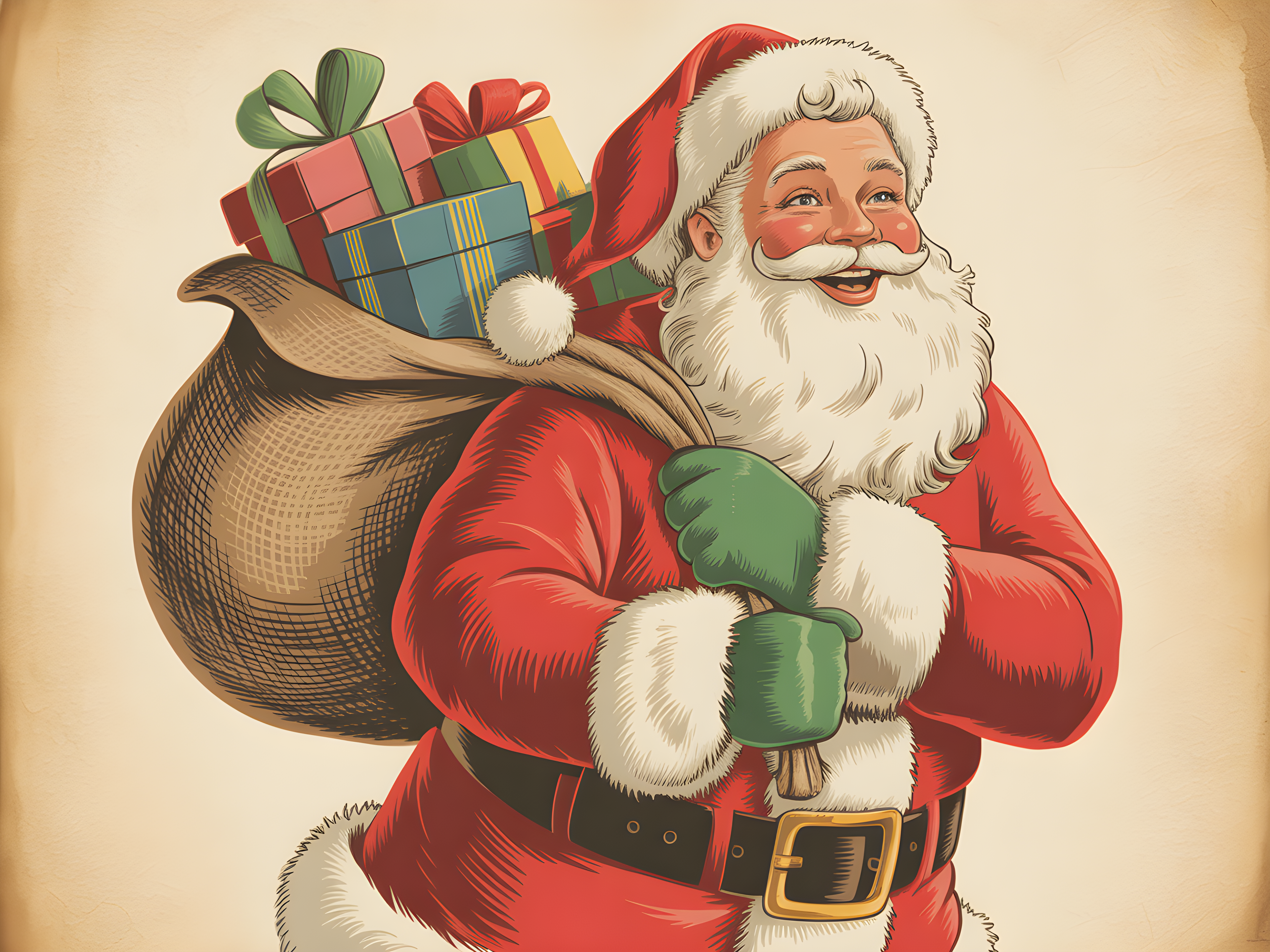 Vintage Santa Claus with Gifts Illustration Wall Art