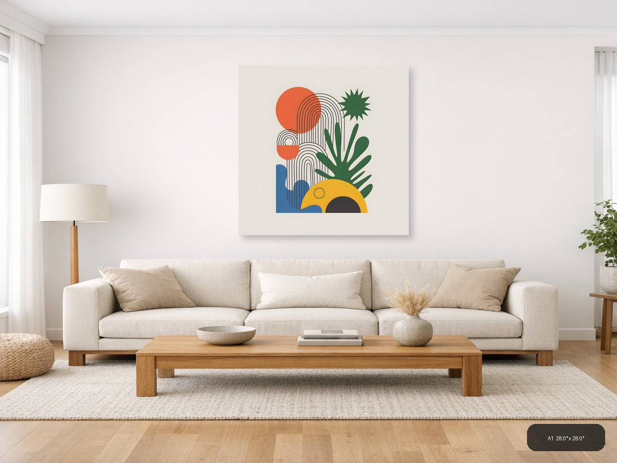 Abstract Cactus Line Art with Sun & Geometric Shapes Wall Art — A1 / Living Room