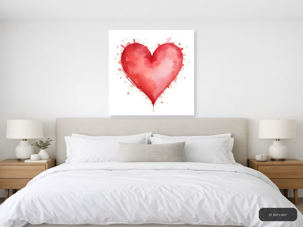 Red Watercolor Heart with Splatter Effect Wall Art — A1 / Bedroom