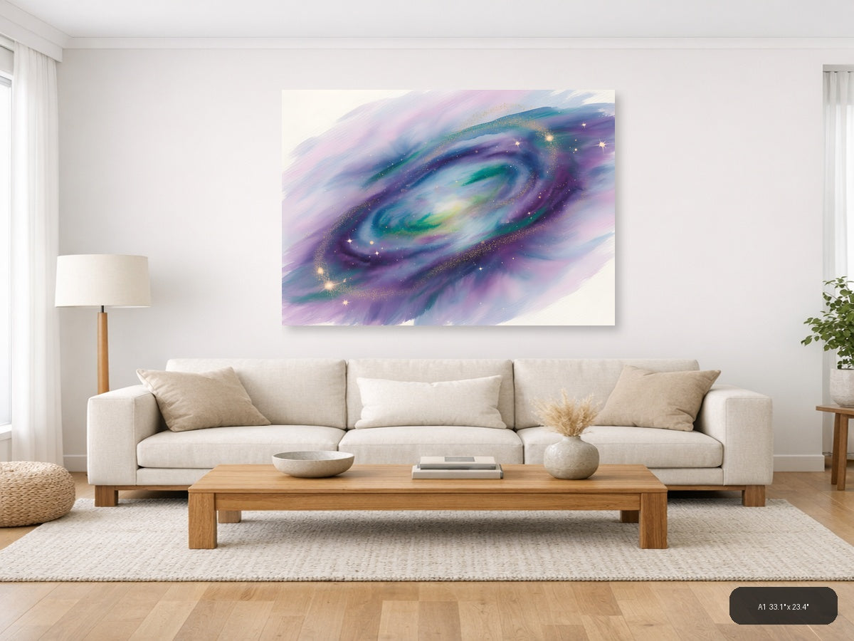 Cosmic Galaxy Watercolor Swirl Purple Green Wall Art — A1 / Living Room