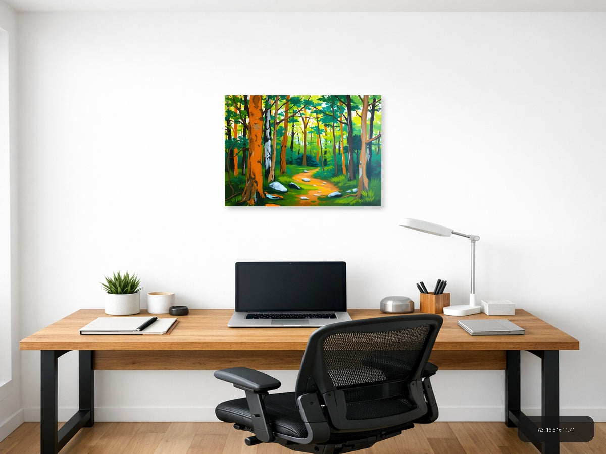 Forest Path Abstract - Vibrant Trees & Stones Wall Art — A3 / Office