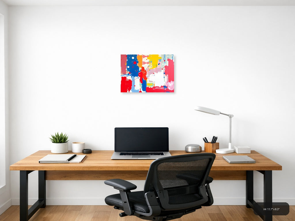 Vibrant Abstract Composition with Red, Blue & Yellow Wall Art — A4 / Office