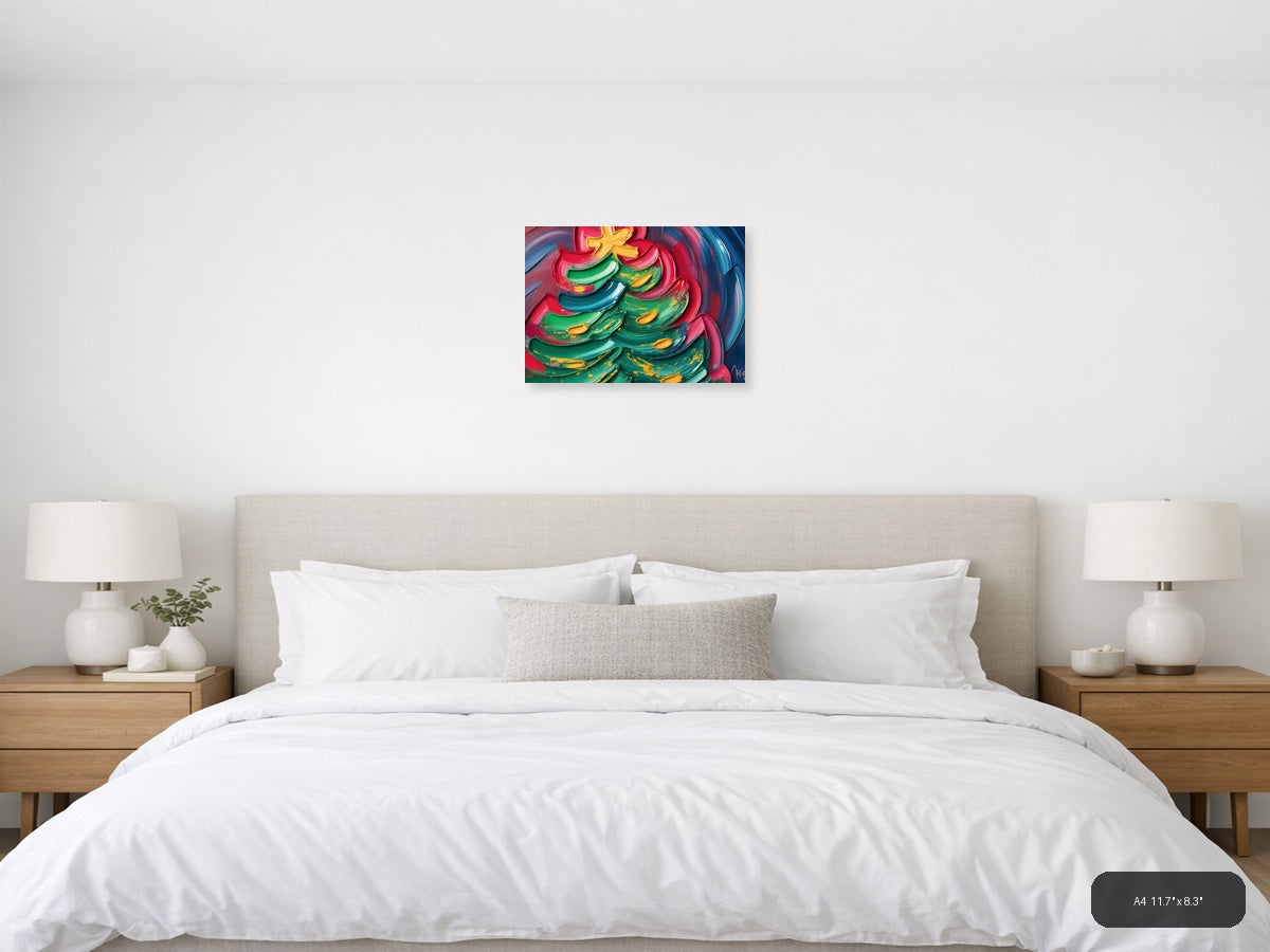 Colorful Abstract Christmas Tree with Neon Brushstrokes Wall Art — A4 / Bedroom