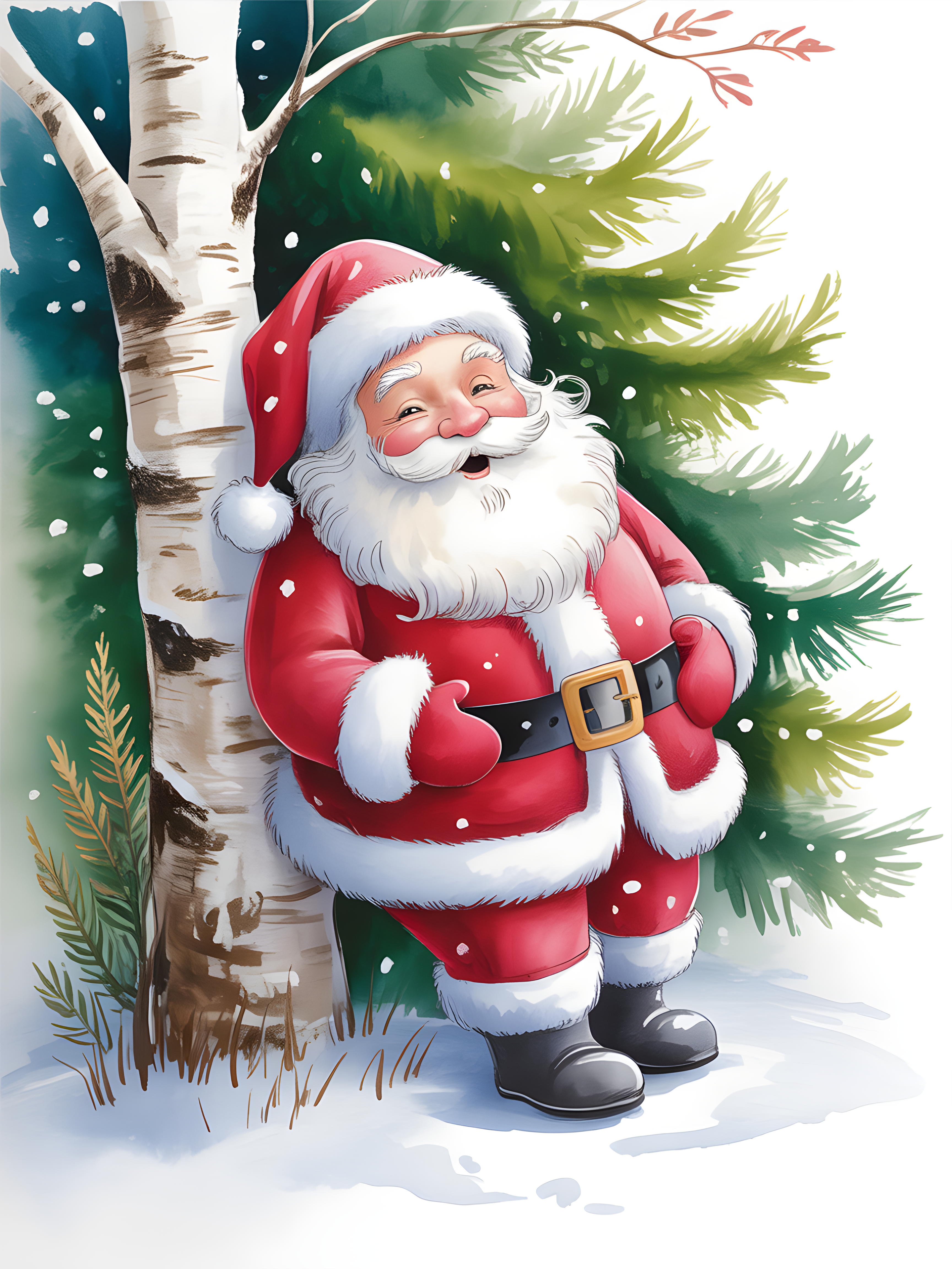 Santa Claus by Birch Tree Watercolor Wall Art