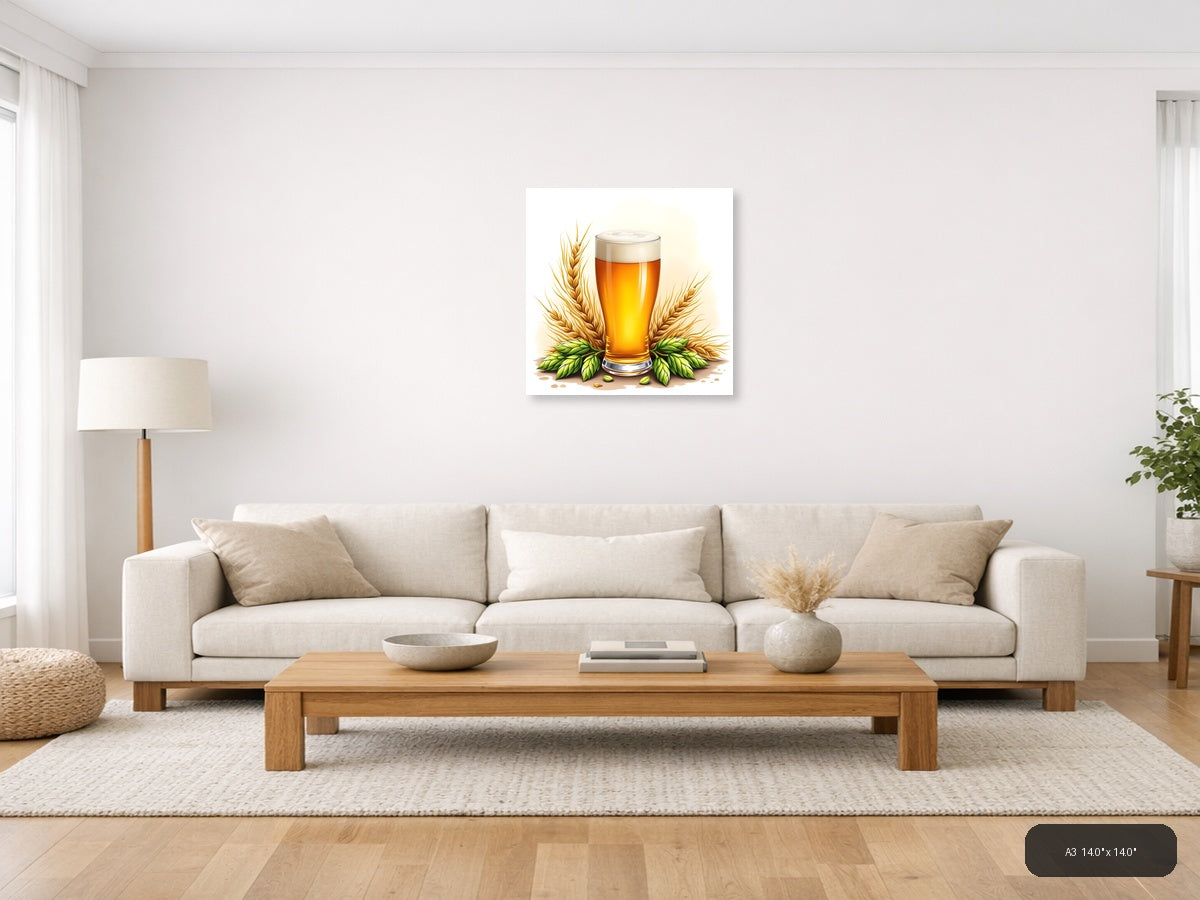 Beer Glass with Wheat and Hops Watercolor Wall Art — A3 / Living Room