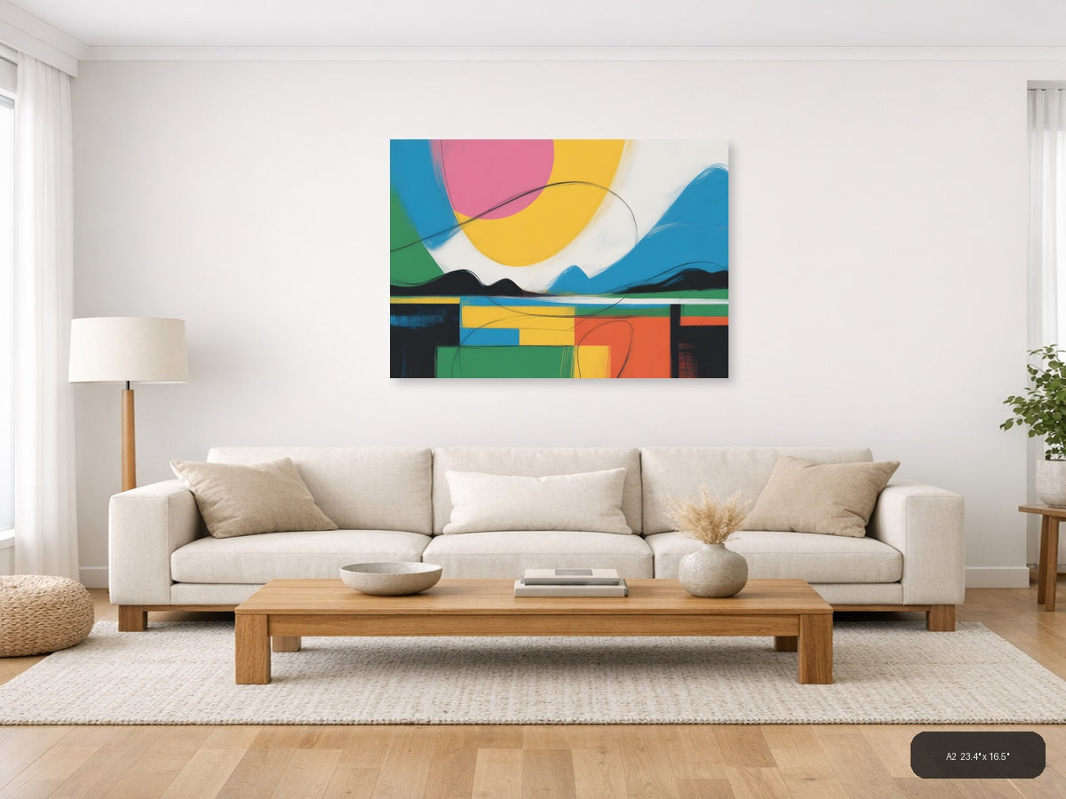 Colorful Abstract Landscape with Geometric Shapes Wall Art — A2 / Living Room