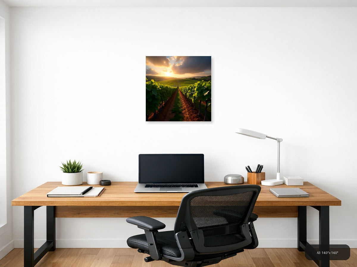 Golden Sunset Vineyard Landscape Photography Wall Art — A3 / Office