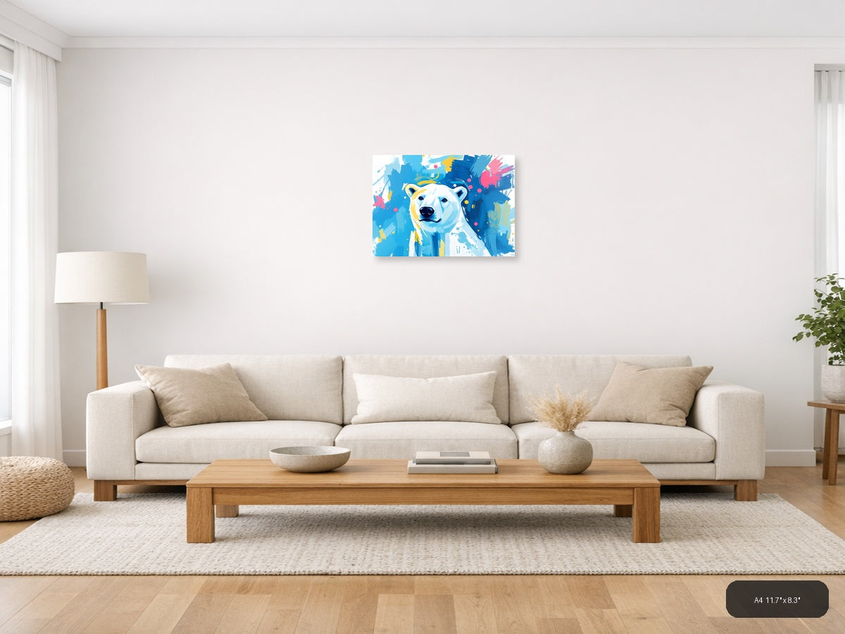 Abstract Polar Bear Portrait Blue Yellow Wall Art — A4 / Living Room