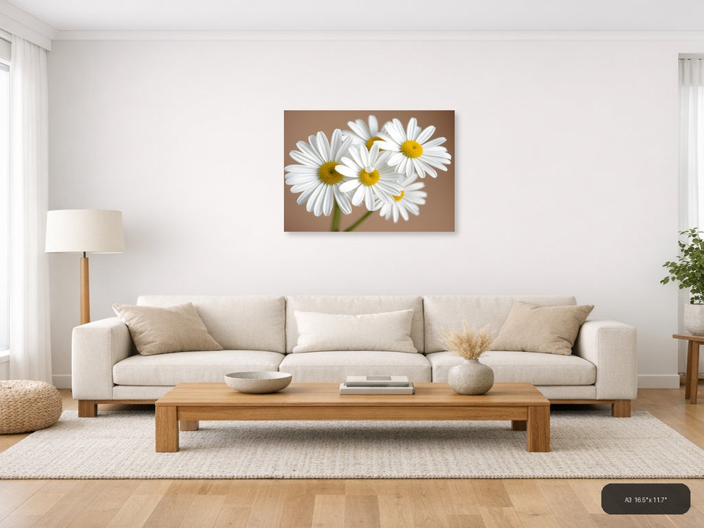 White Daisies with Yellow Centers Minimalist Wall Art — A3 / Living Room