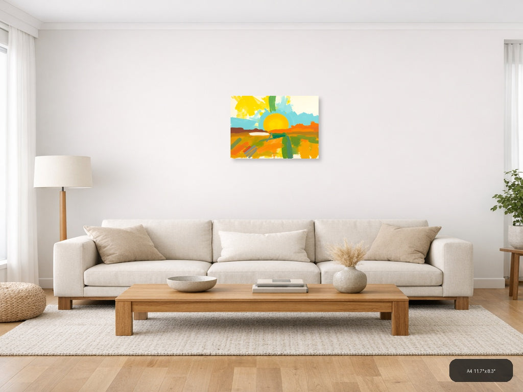 Abstract Sunset Landscape with Yellow Sun Wall Art — A4 / Living Room