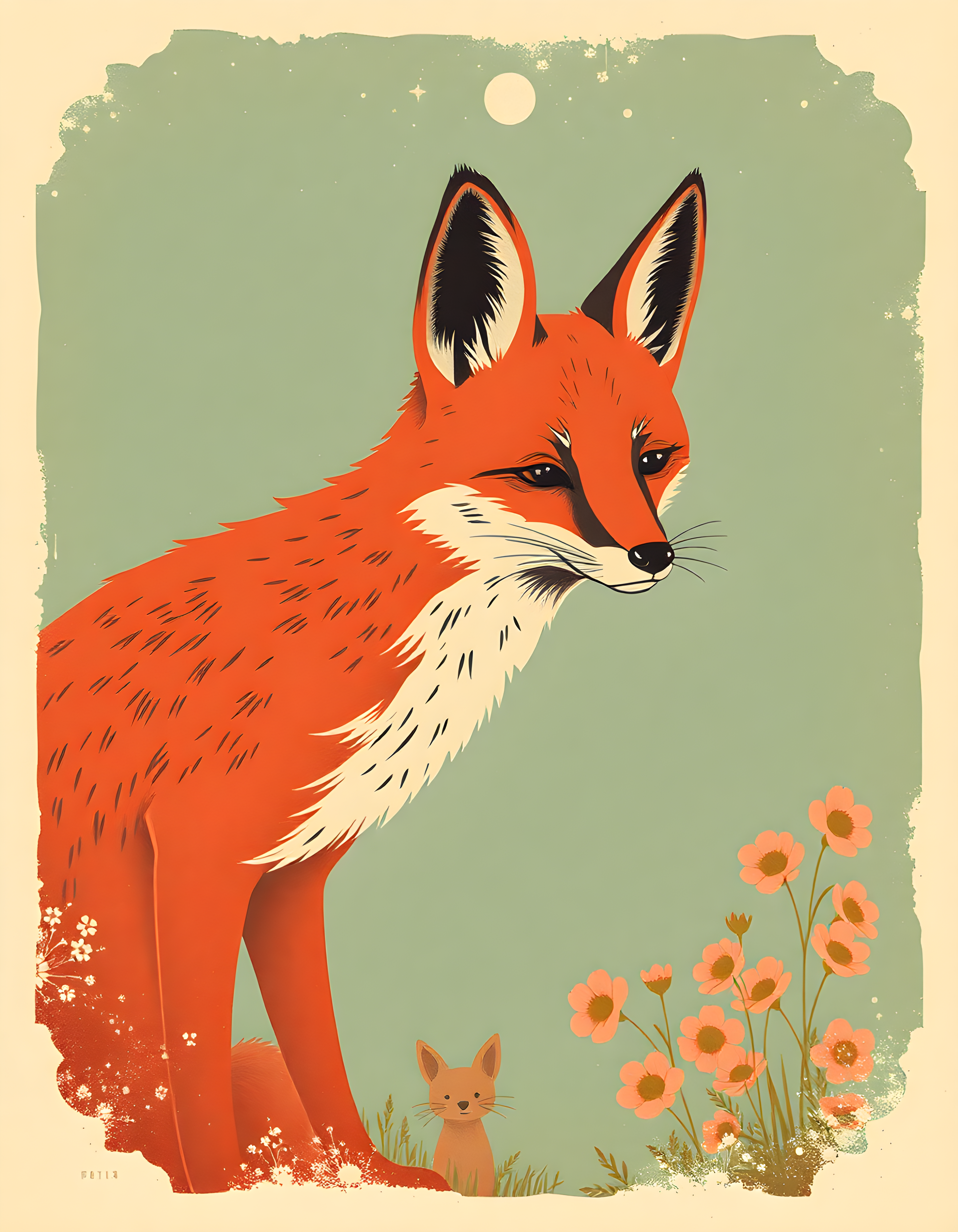Red Fox and Cat Vintage Botanical Wall Art