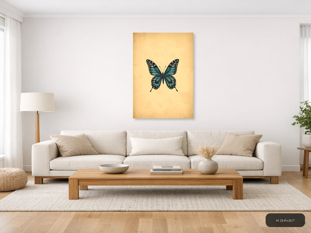Vintage Teal Butterfly Illustration Wall Art — A1 / Living Room