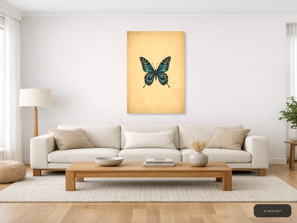 Vintage Teal Butterfly Illustration Wall Art — A1 / Living Room