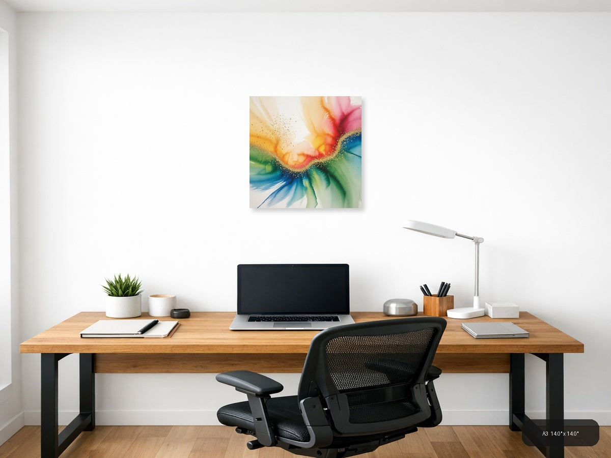 Rainbow Watercolor Flower with Gold Sparkle Wall Art — A3 / Office